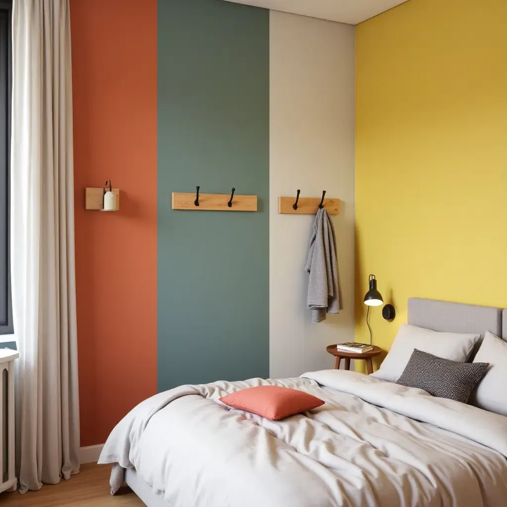 a photo of a vibrant bedroom with wall hooks for storage