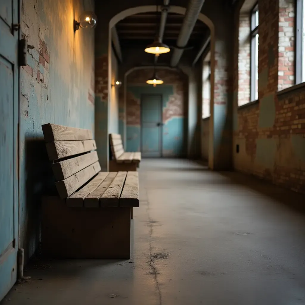 a photo of a weathered wooden bench in an industrial hallway