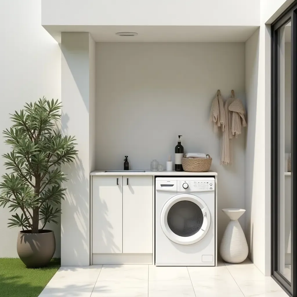 a photo of a minimalist outdoor laundry area with clean lines and neutral tones