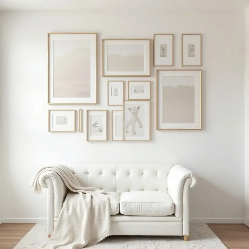 a photo of a nursery gallery wall featuring a mix of sizes