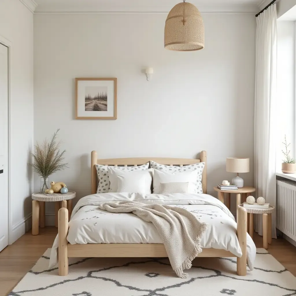 a photo of a serene kids&#x27; bedroom featuring Scandinavian design and nature-inspired decor