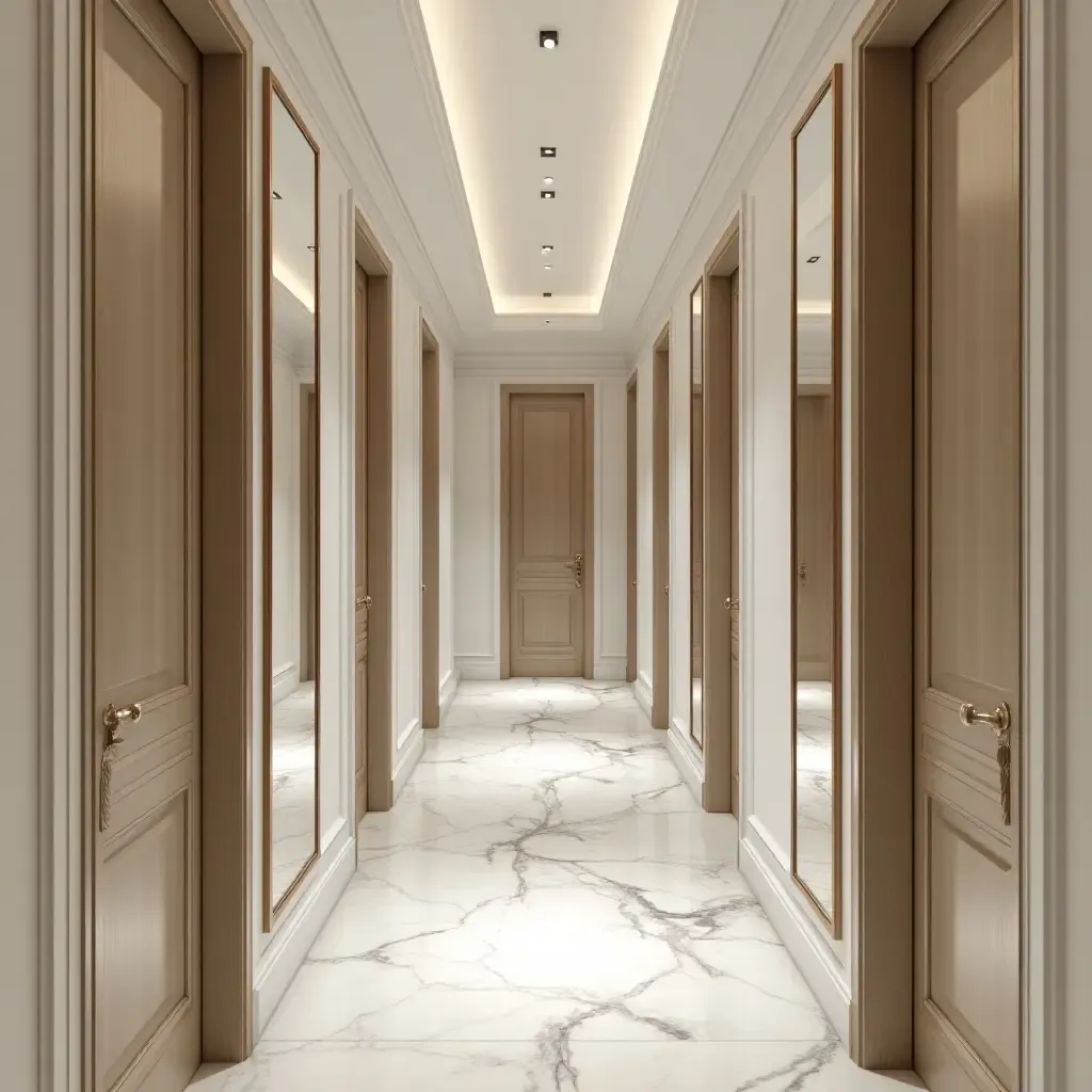 a photo of a corridor featuring mirrored accents for added glam