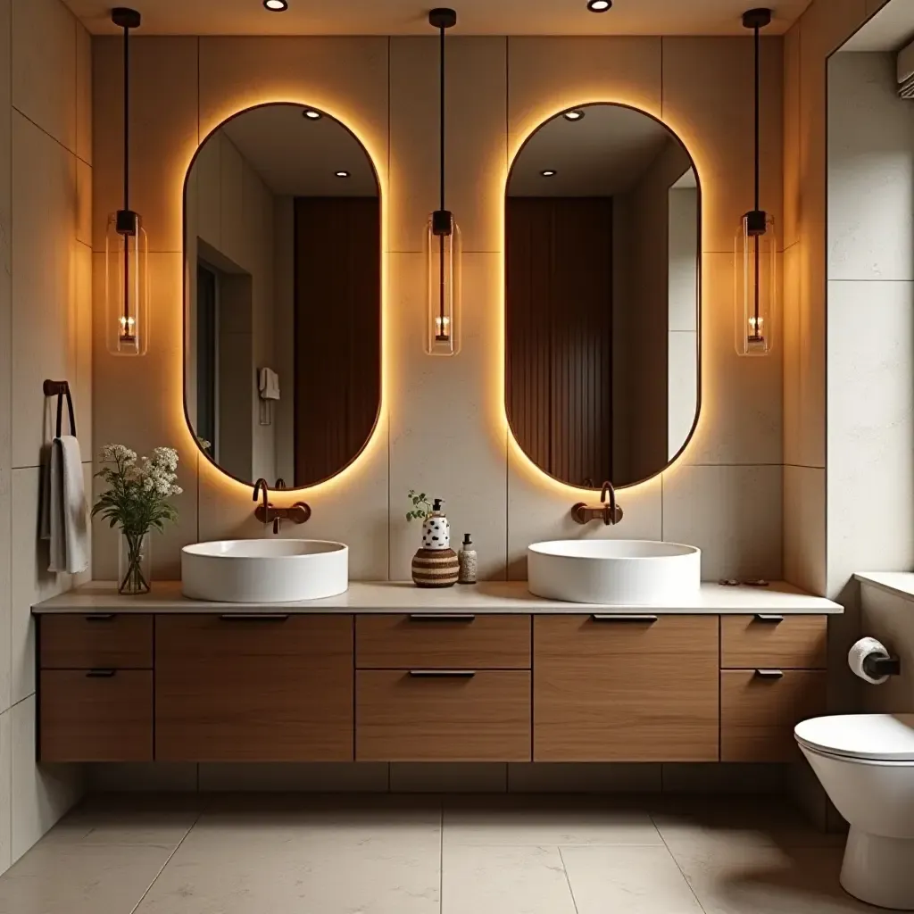 a photo of a luxurious bathroom with copper mirrors and stylish lighting