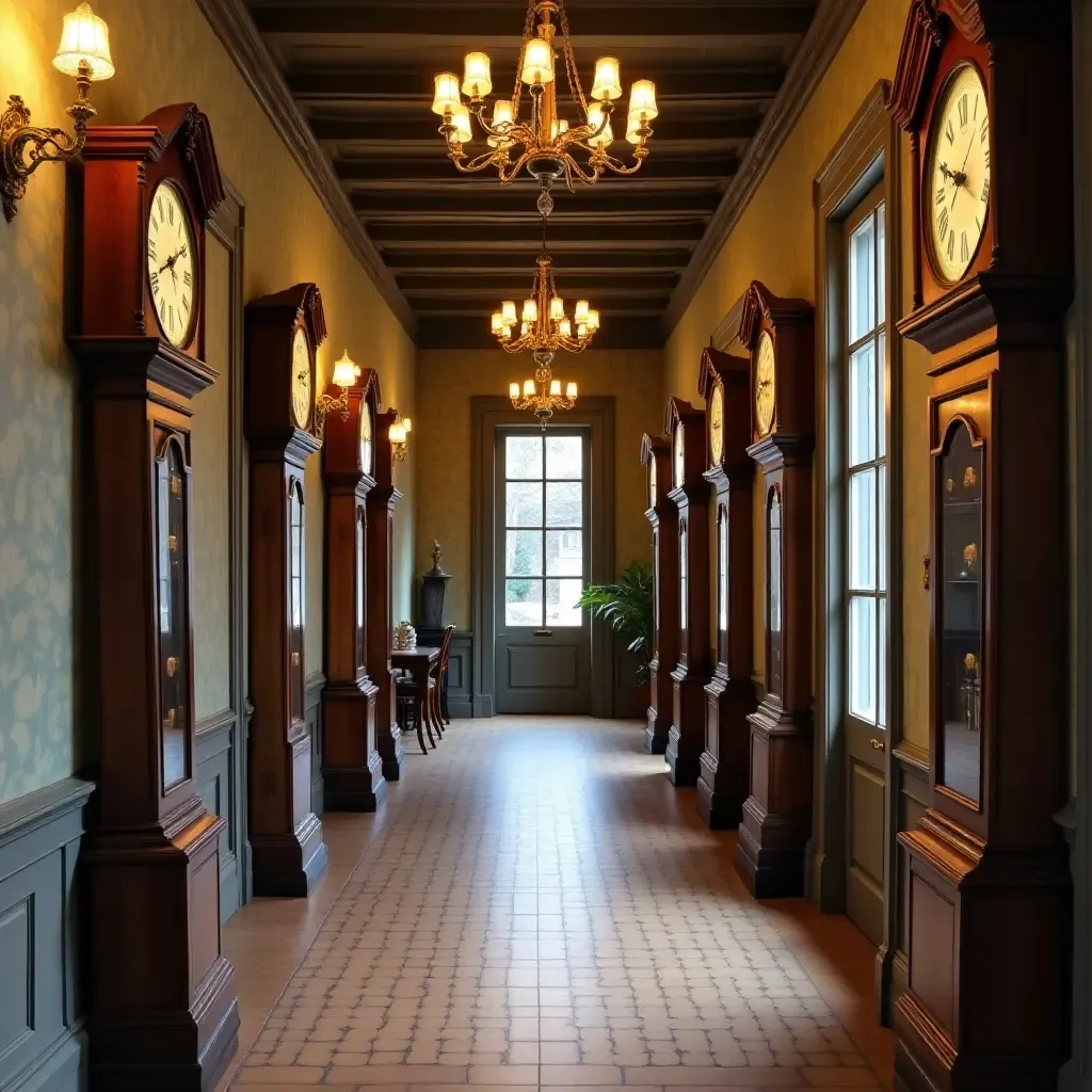 a photo of a hallway featuring a collection of vintage clocks