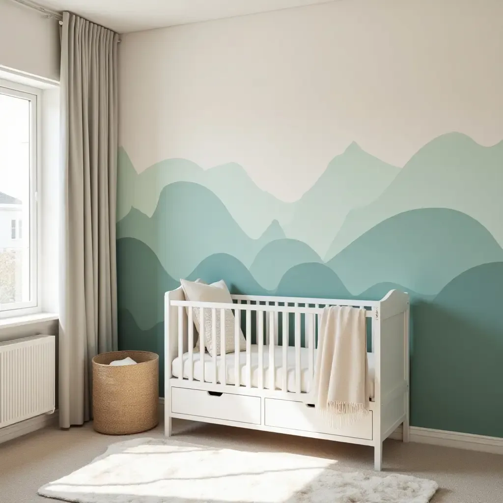 a photo of a nursery showcasing a creative wall mural with storage