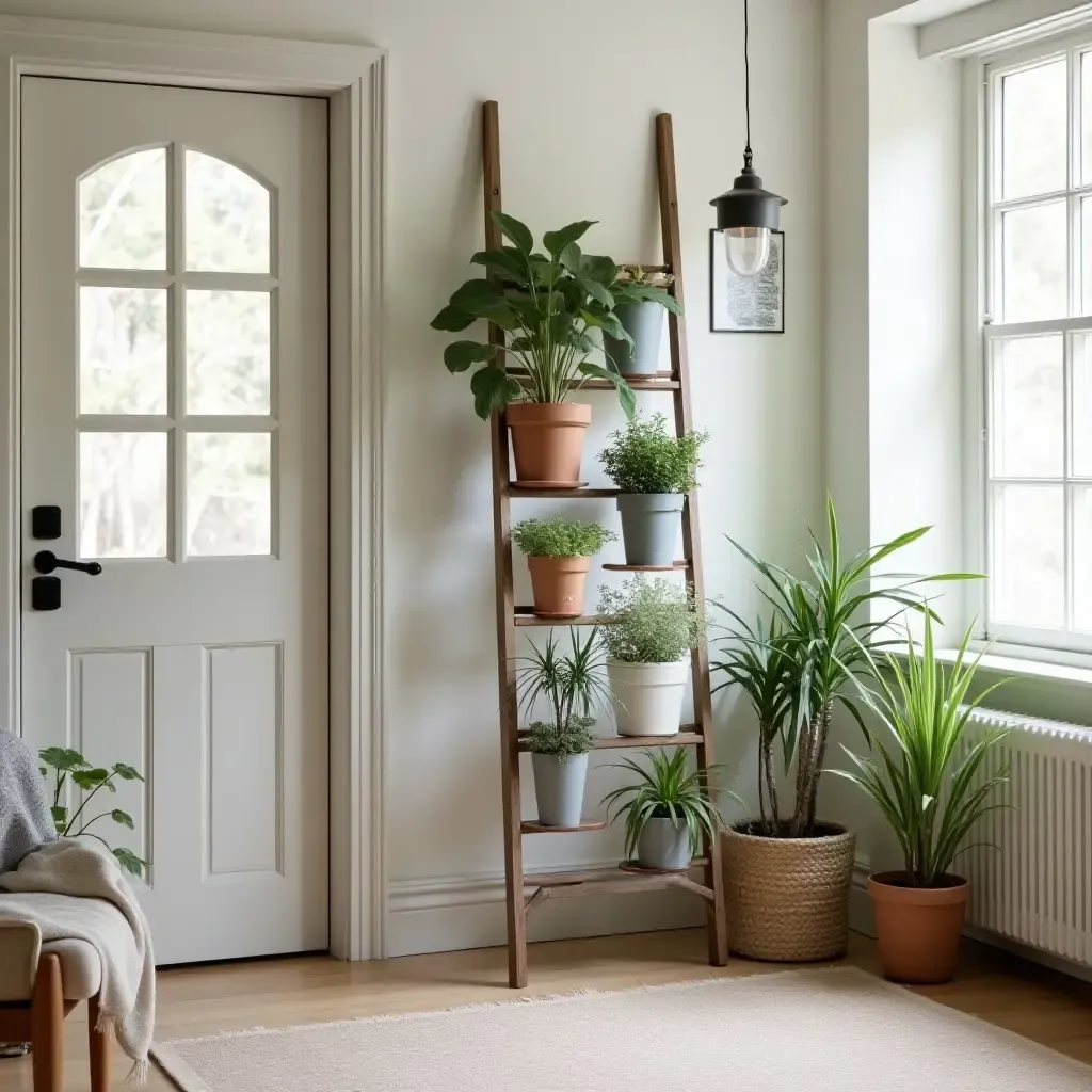 a photo of a cozy entryway with a vintage ladder holding potted plants