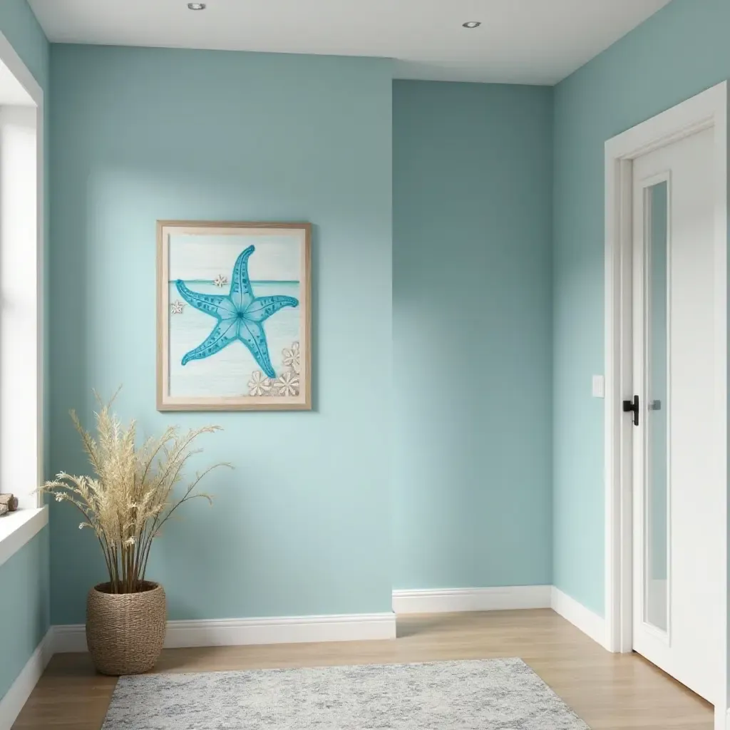 a photo of a calming blue wall with ocean-themed decor in an entrance hall