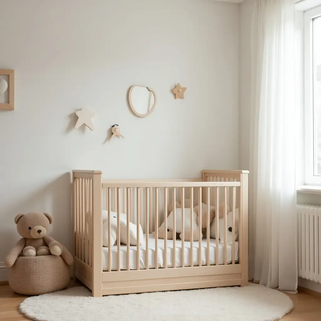 a photo of a nursery featuring a vintage-style playpen and plush toys