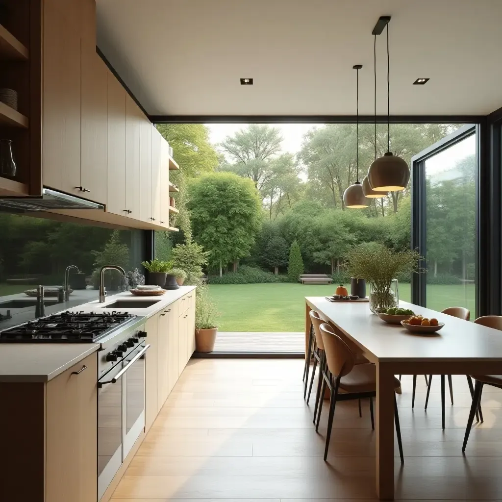 a photo of a contemporary kitchen with a large window overlooking a garden