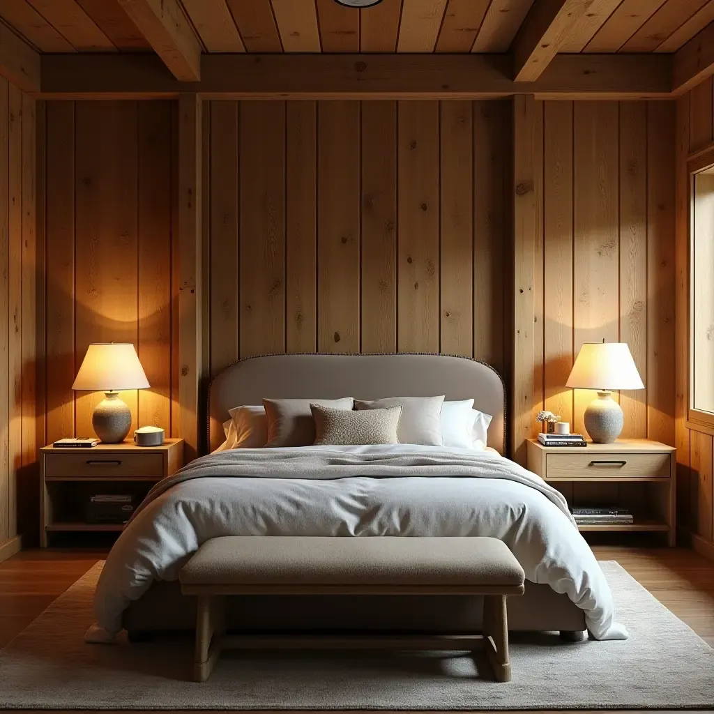 a photo of a rustic bedroom with wooden accents and warm lighting