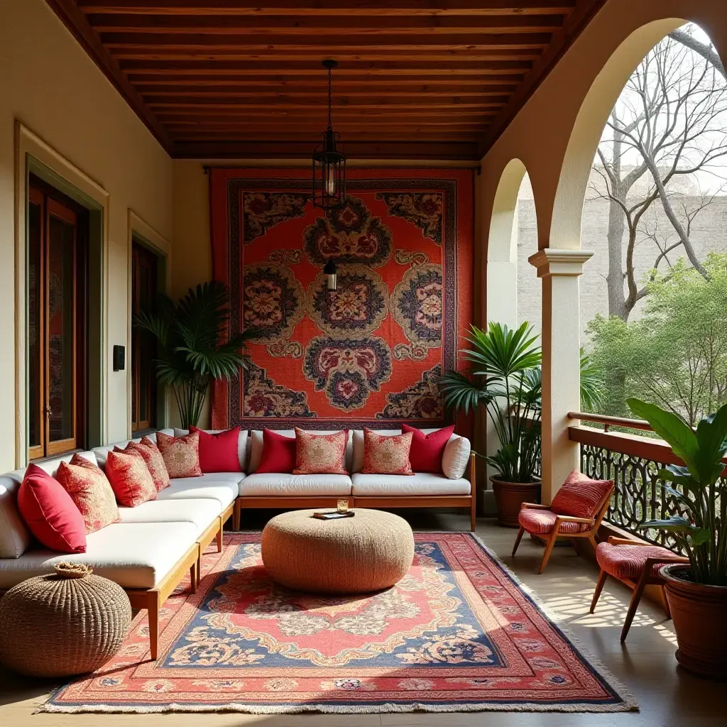 a photo of a balcony featuring a vibrant tapestry and comfortable seating