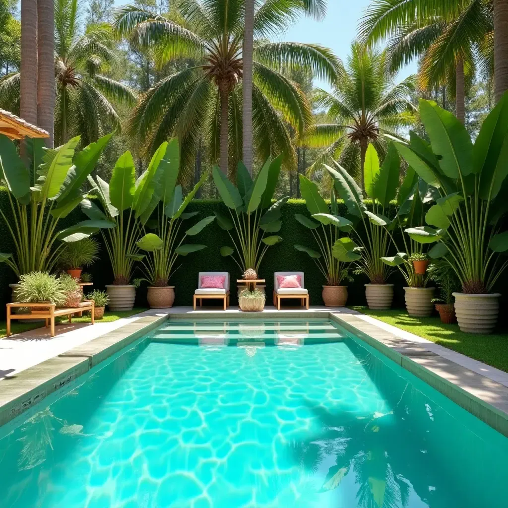 a photo of a tropical-themed pool party with plant decorations