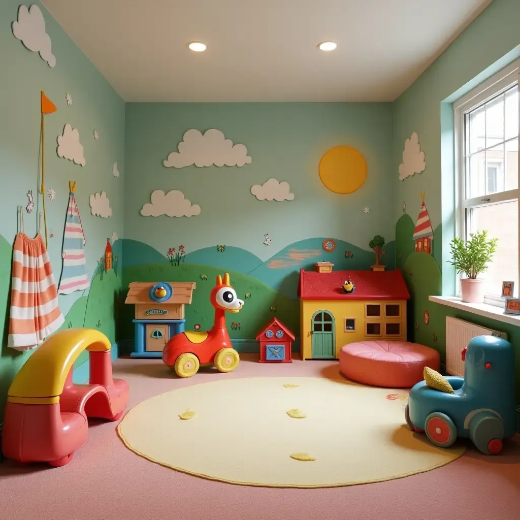 a photo of a children&#x27;s play area in a basement with colorful toys and imaginative murals