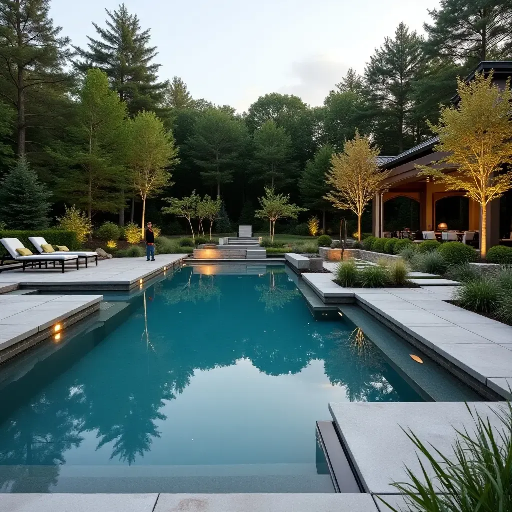 a photo of a stunning pool area with metallic accents in the landscaping design