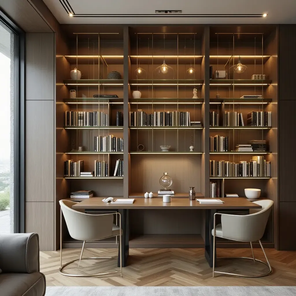 a photo of a library with polished chrome accents and glass shelves