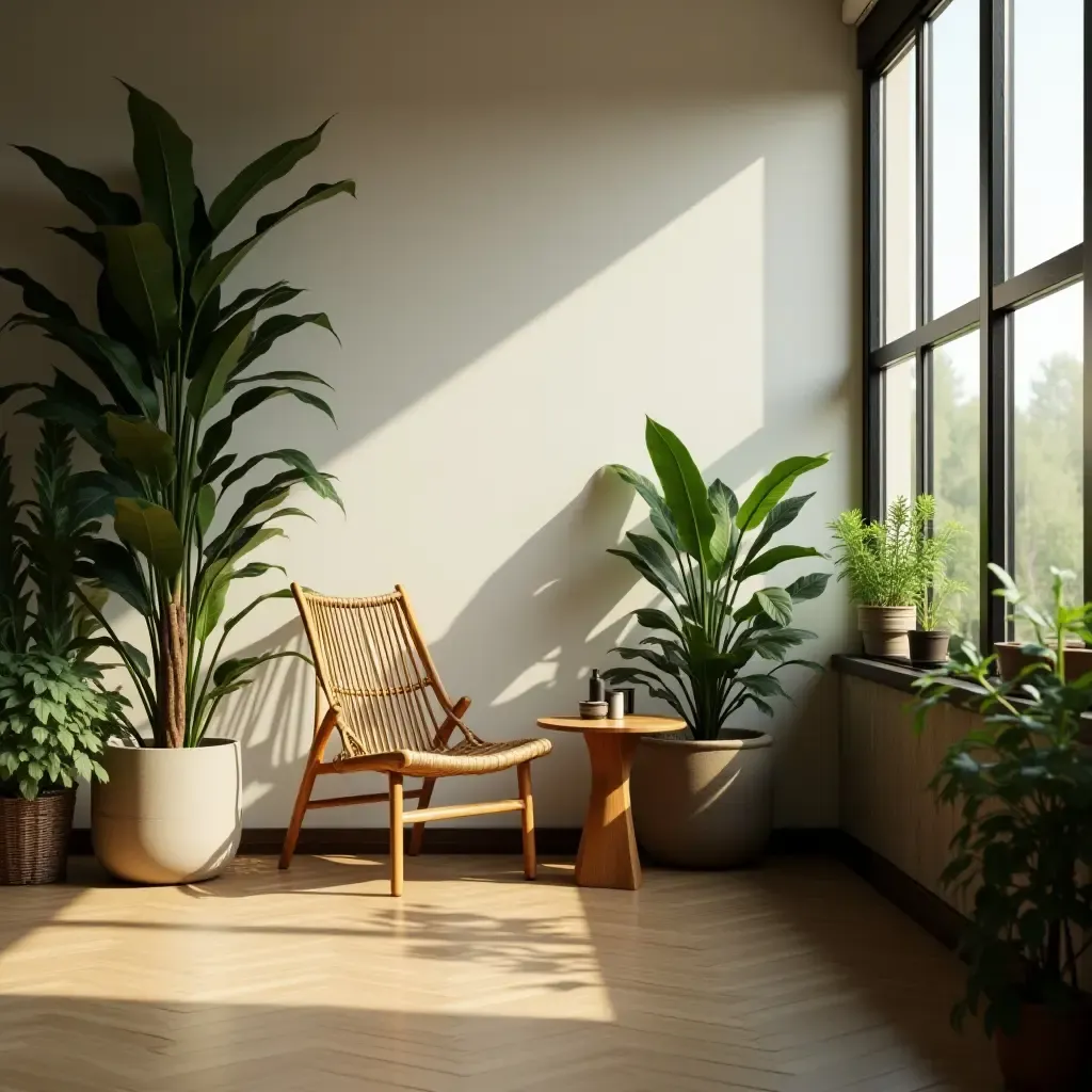 a photo of a tranquil corner with plants and soft lighting