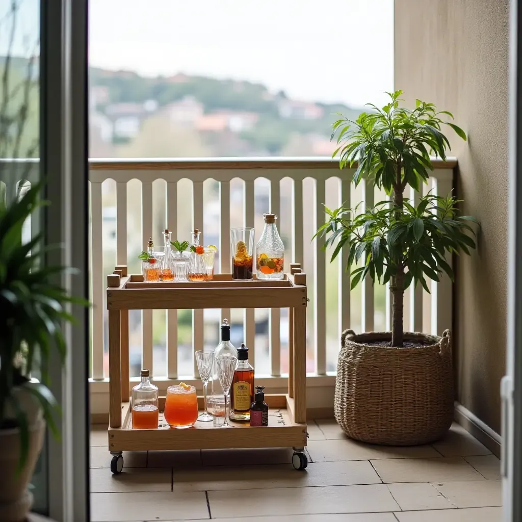 a photo of a balcony with a small bar cart and cocktail setup