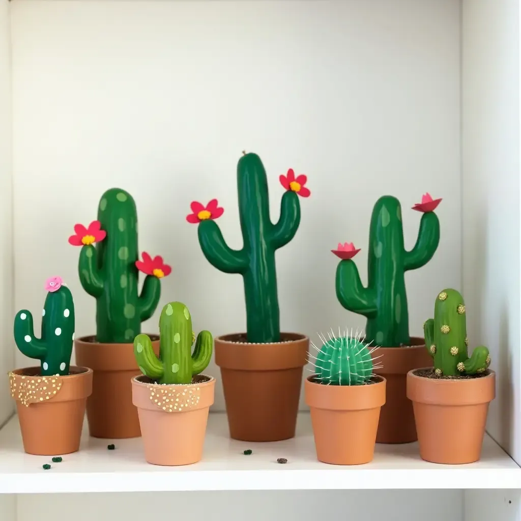 a photo of a creative display of cacti on a shelf