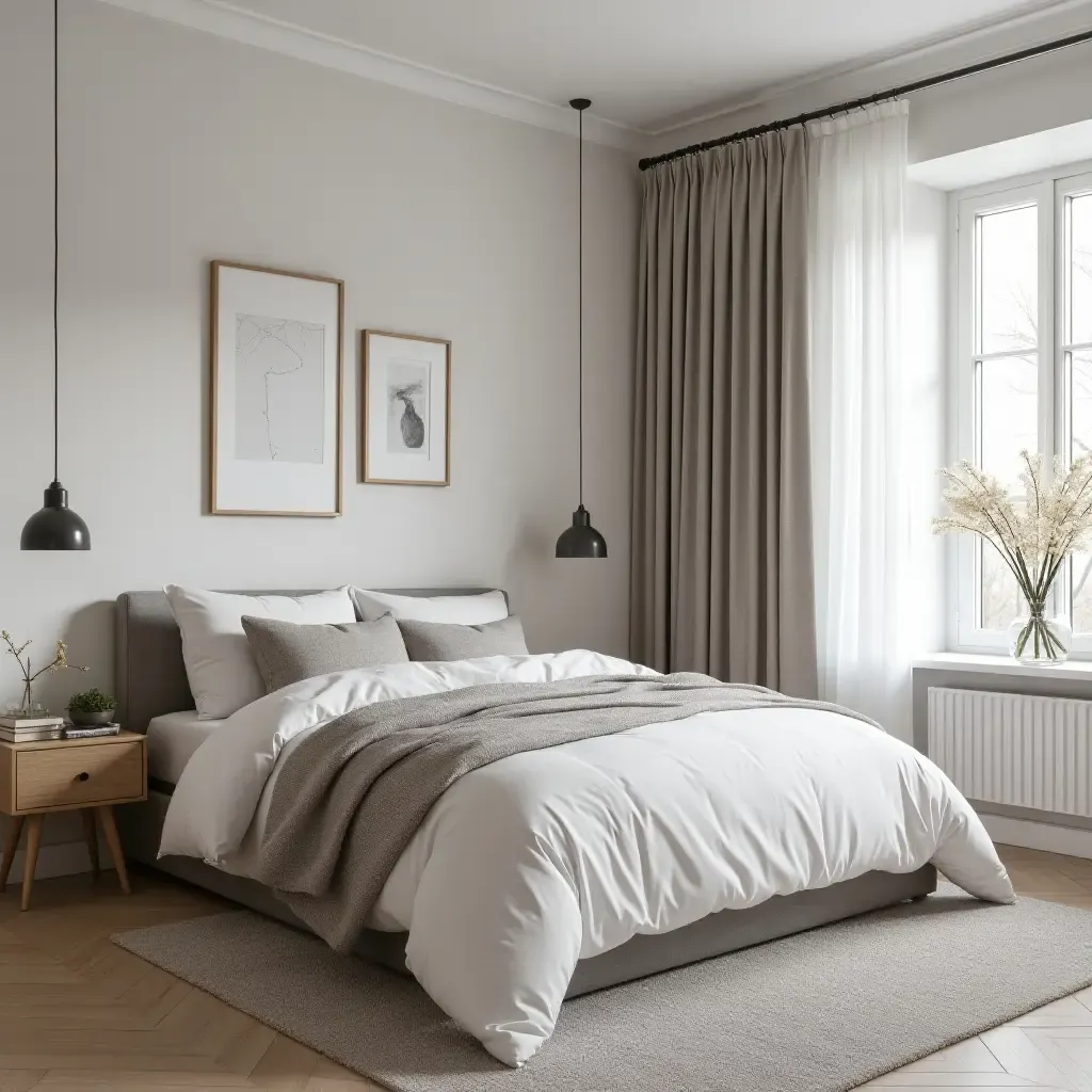 a photo of a stylish Scandinavian bedroom with a focus on functionality and comfort