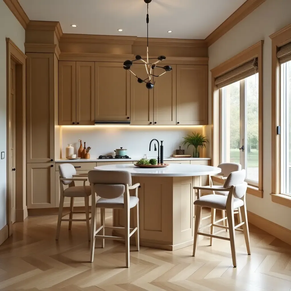 a photo of a kitchen with wooden trim and molding