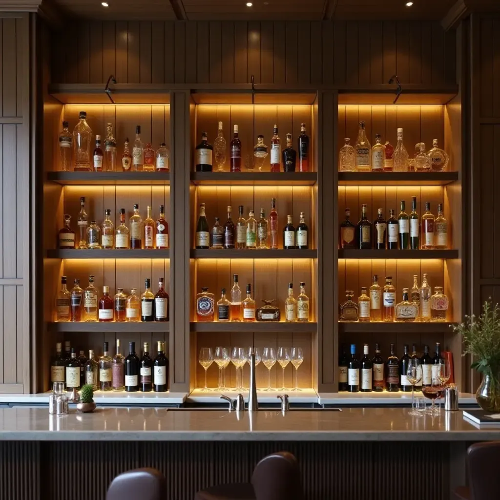 a photo of open shelves featuring a chic bar setup with glassware and spirits