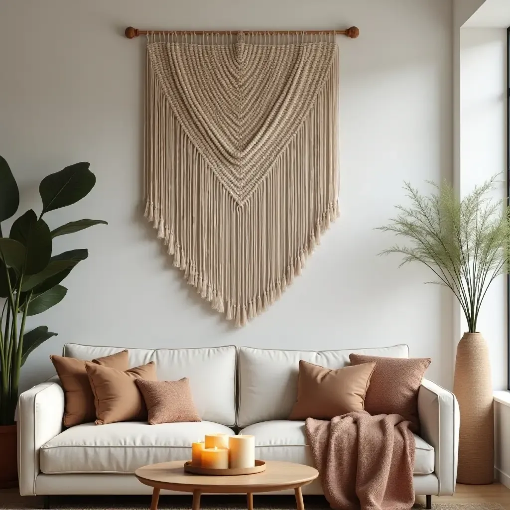 a photo of a living room featuring a macrame wall hanging and candles