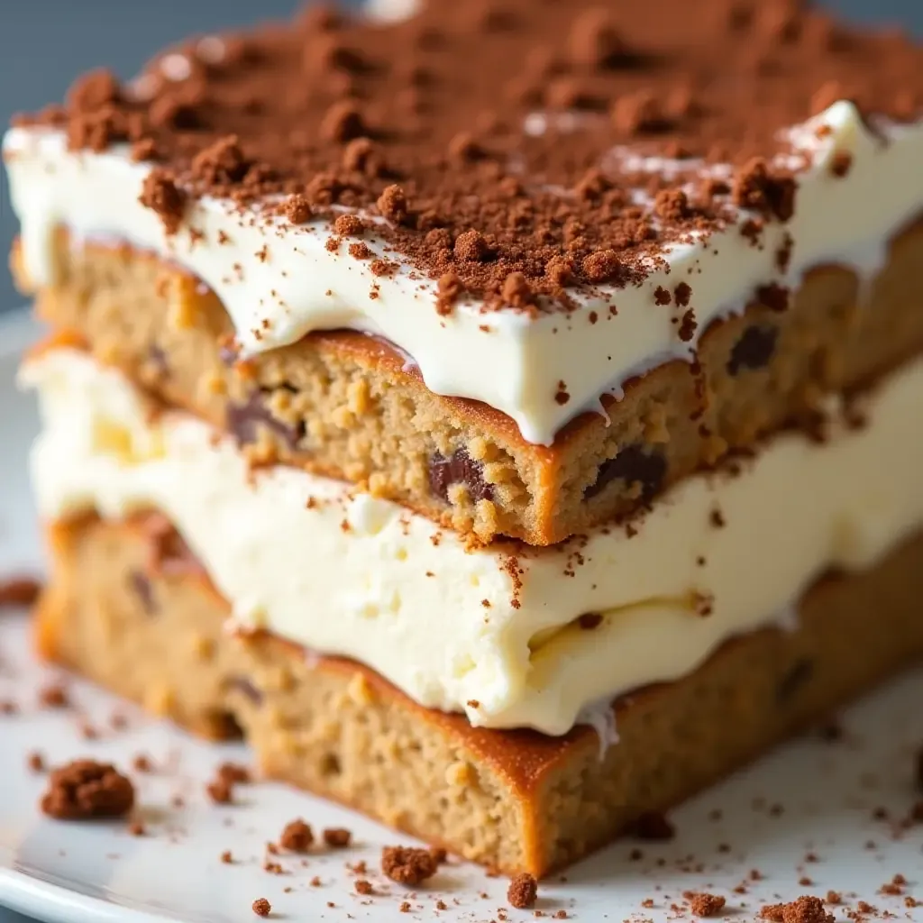 a photo of homemade tiramisu with layers of coffee-soaked ladyfingers and mascarpone cream.