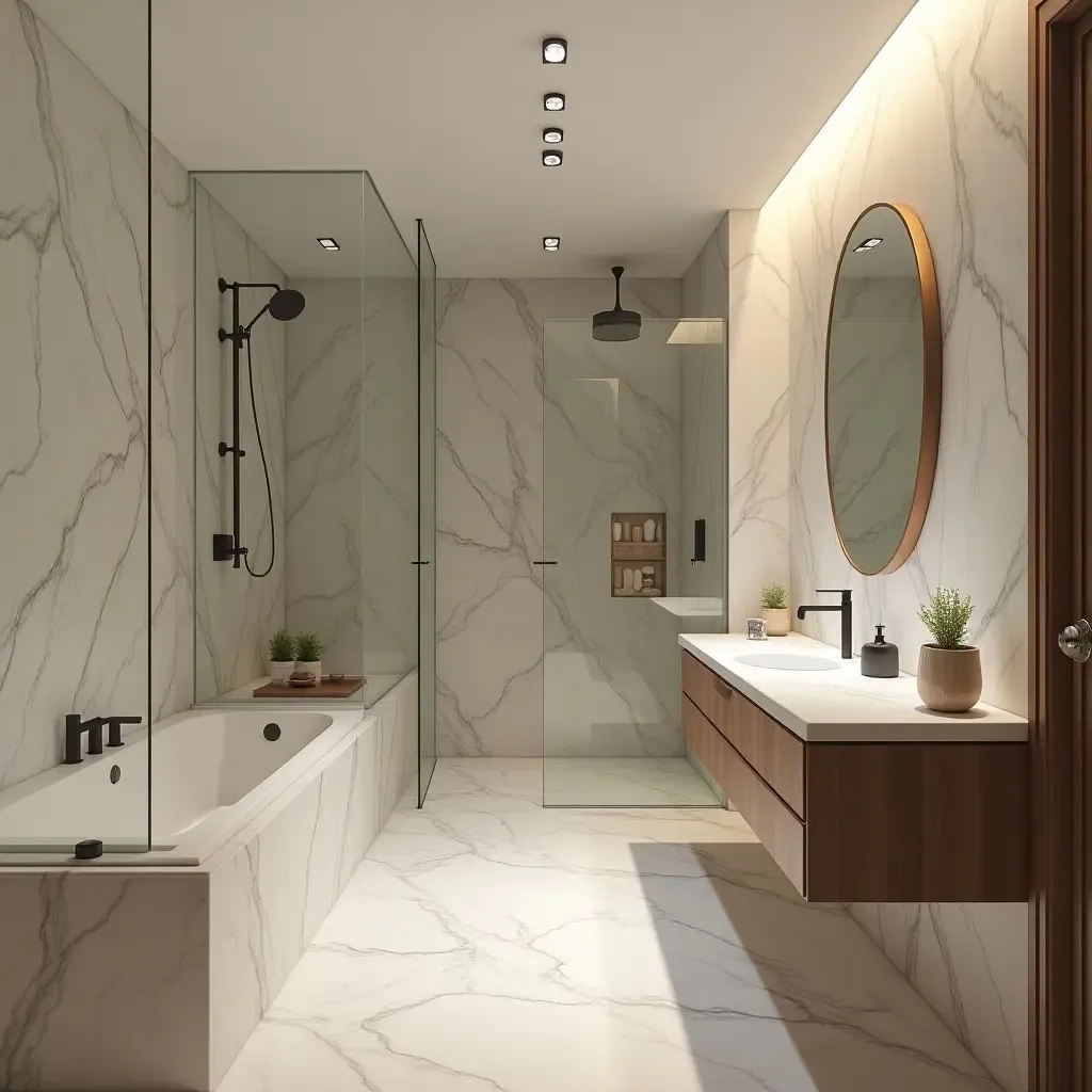 a photo of a unique bathroom layout with an open shower and glass partitions