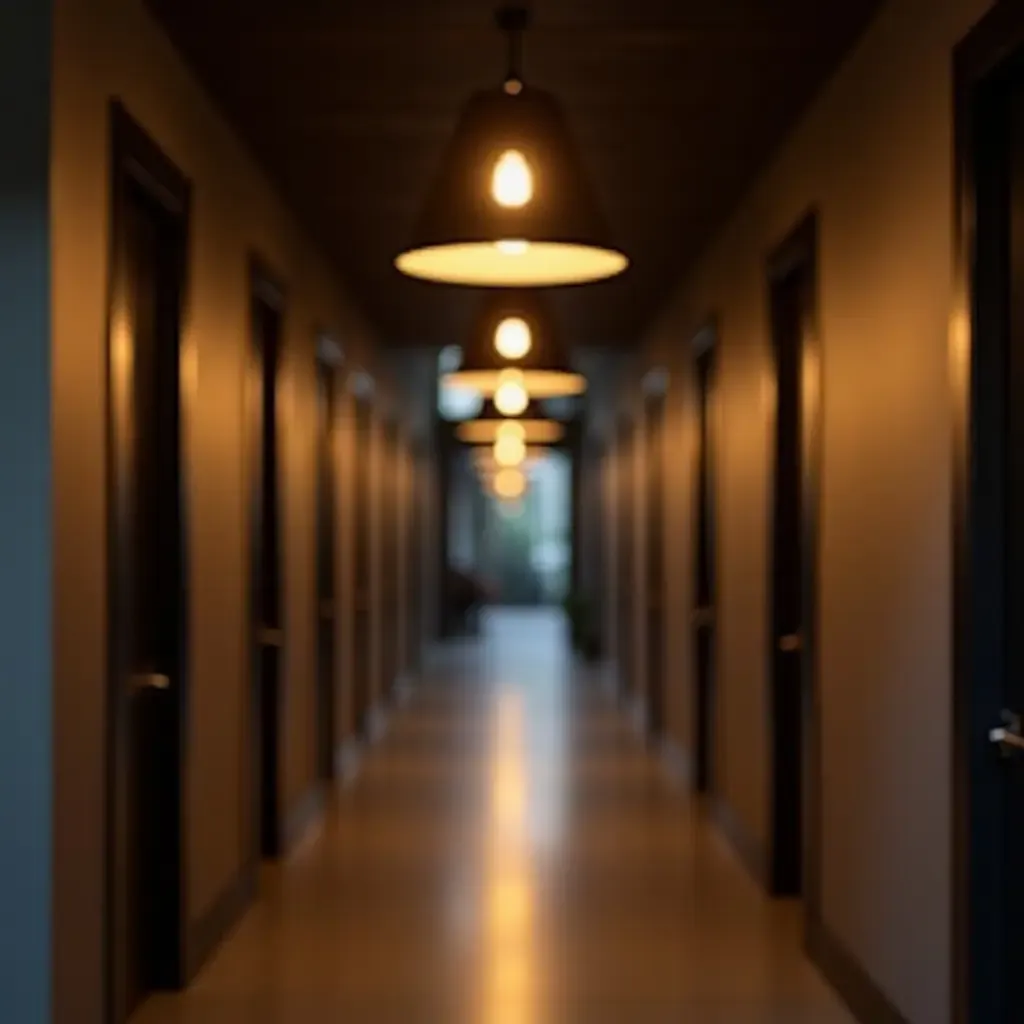 a photo of a narrow corridor with hanging pendant lights in a row