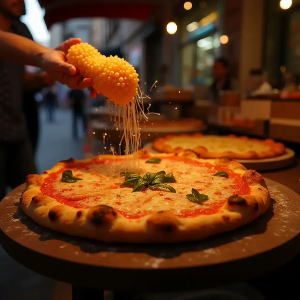 a photo of a vibrant Neapolitan street food stall with sizzling pizza fritta and arancini.