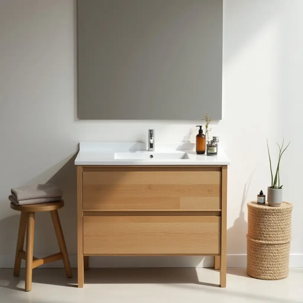 a photo of a wooden vanity with a warm wood finish in a modern bathroom