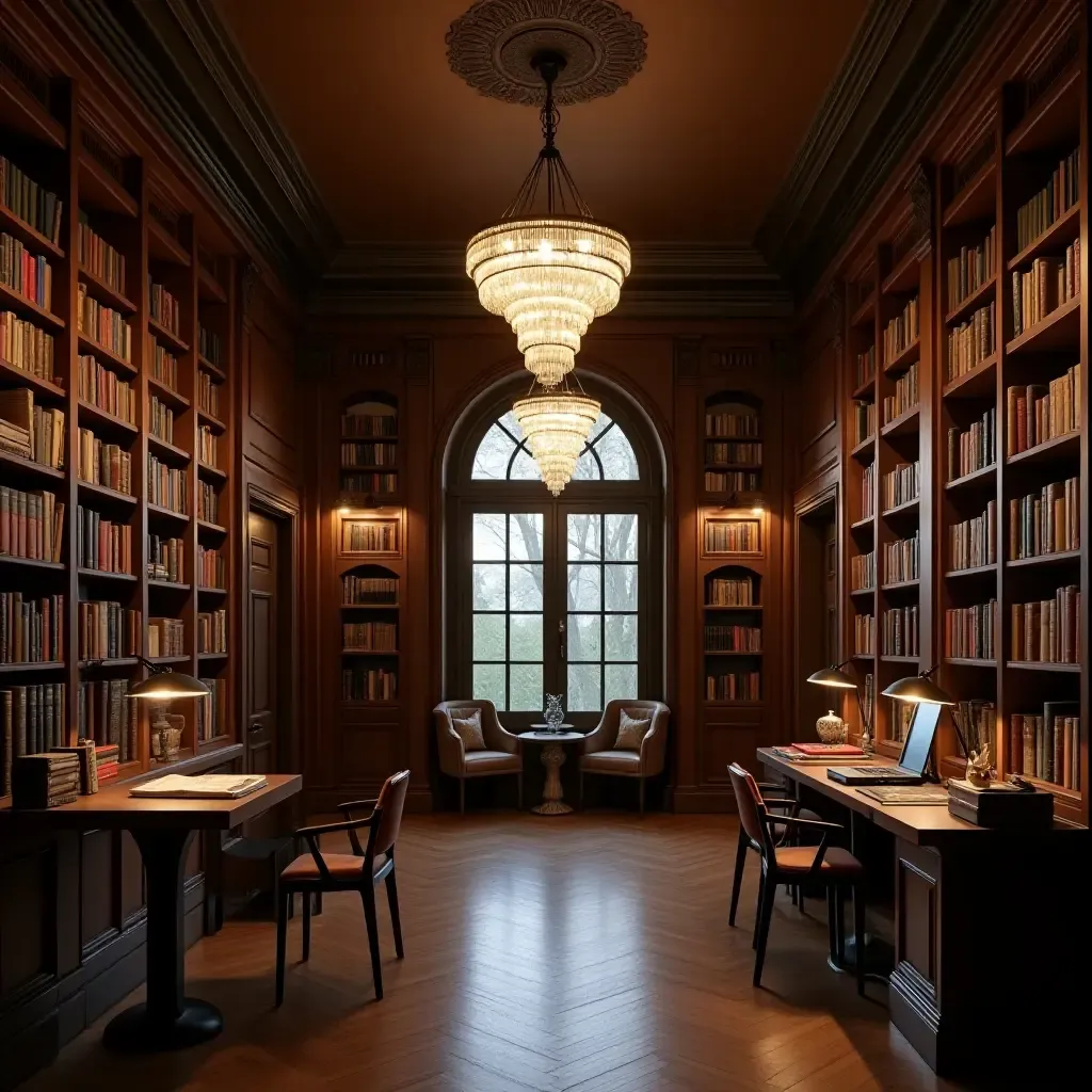 a photo of a classic library with elegant crystal pendant lighting