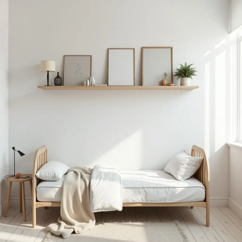 a photo of a stylish teen bedroom with a floating shelf and minimal decor