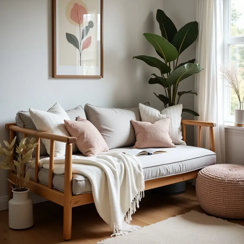 a photo of a reading nook with a stylish throw blanket and decorative pillows