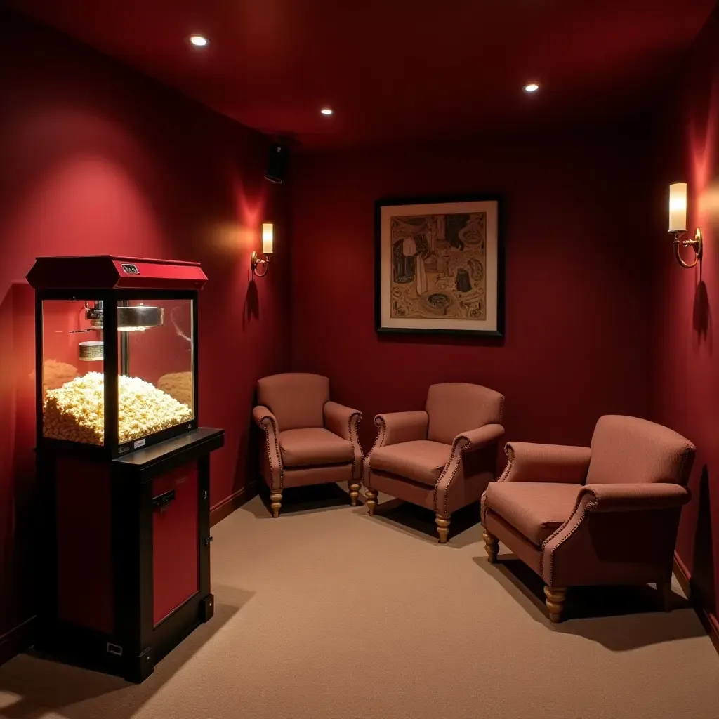 a photo of a basement entertainment area with a popcorn machine and cozy chairs