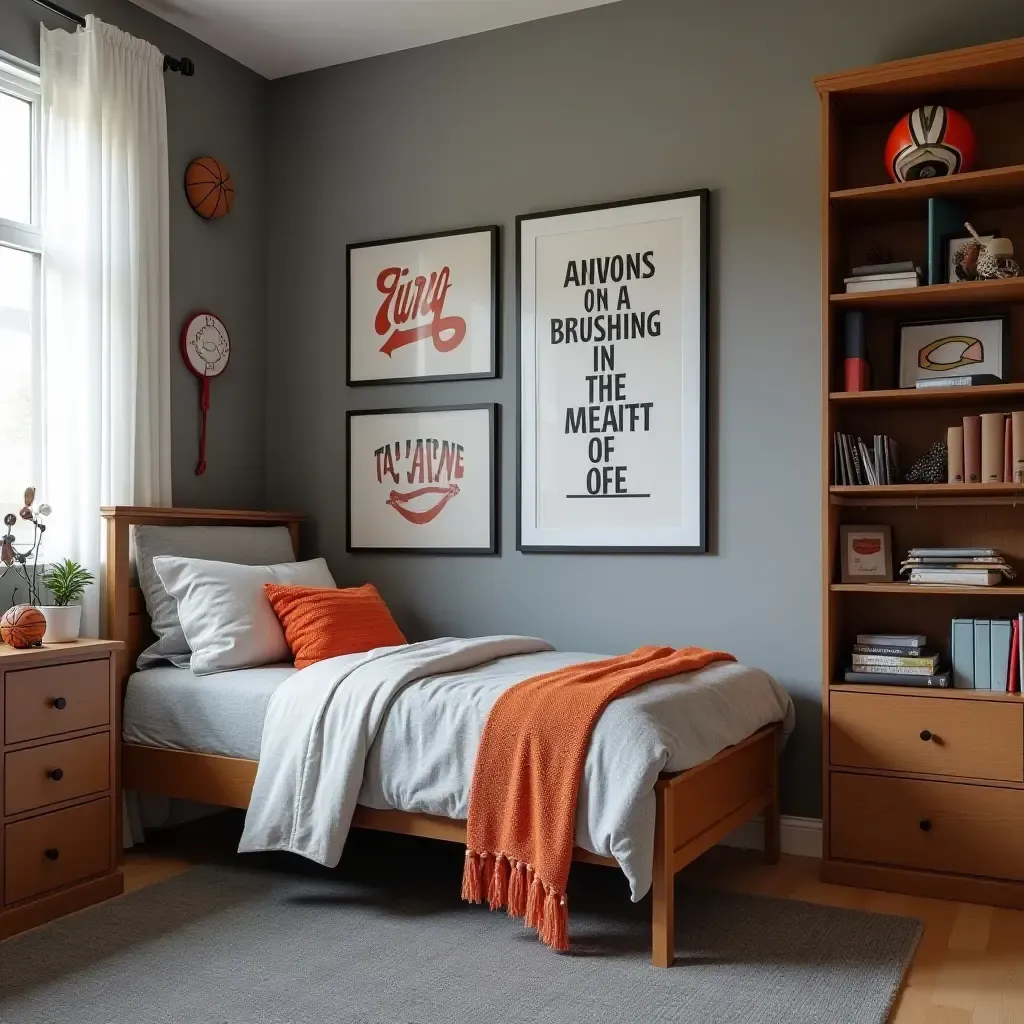 a photo of a sporty teen bedroom with athletic gear and motivational quotes