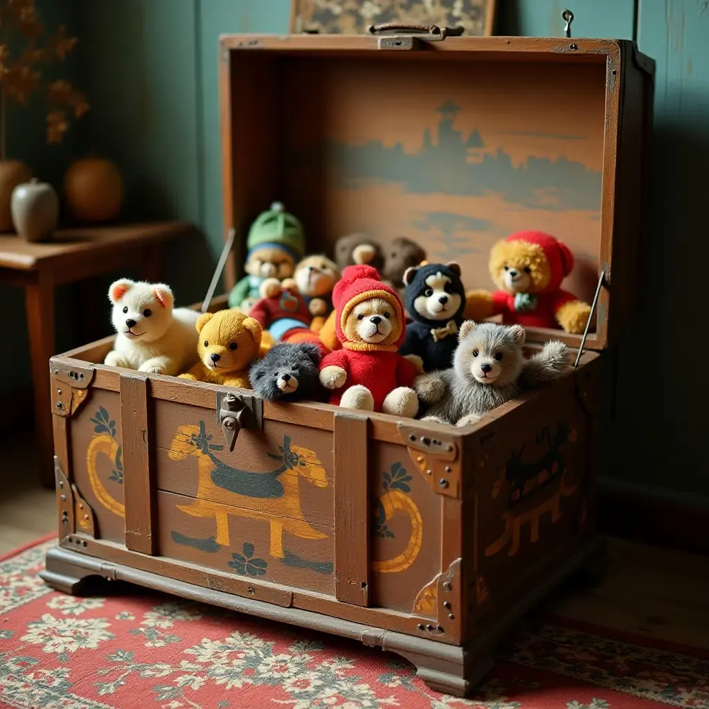 a photo of a vintage toy chest overflowing with classic toys