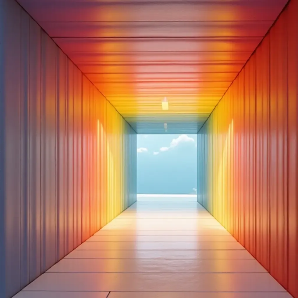 a photo of a corridor with a rainbow-painted ceiling