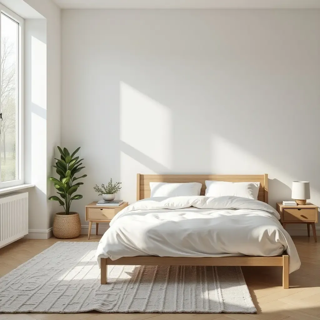 a photo of a light-filled bedroom with minimalist decor and patterned rugs