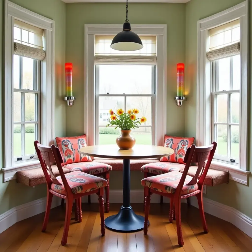 a photo of a colorful breakfast nook with mismatched chairs and vibrant decor