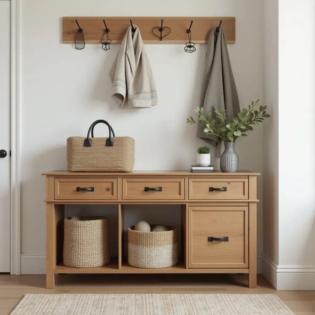 a photo of a wooden drawer unit for organizing entryway items