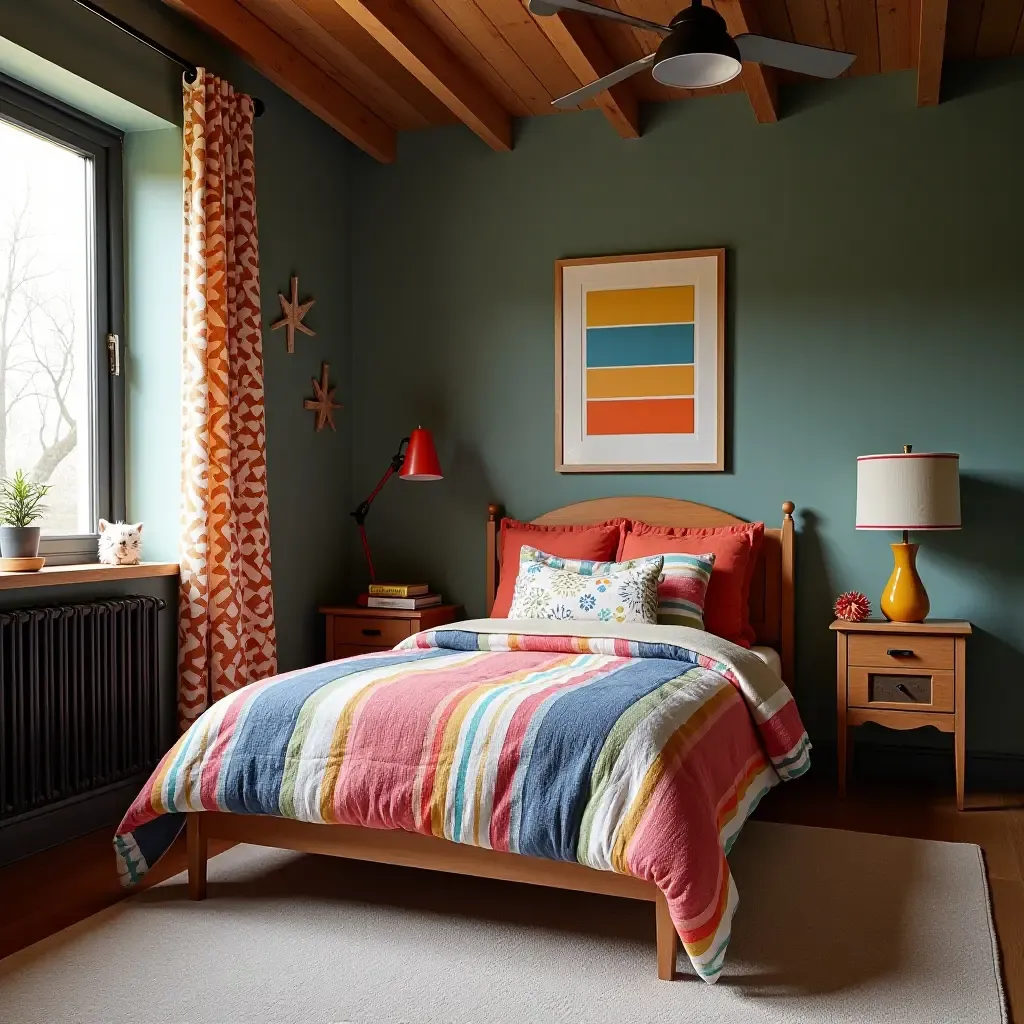 a photo of a colorful kids&#x27; bedroom combining striped fabric, dark wood, and bright metal accessories