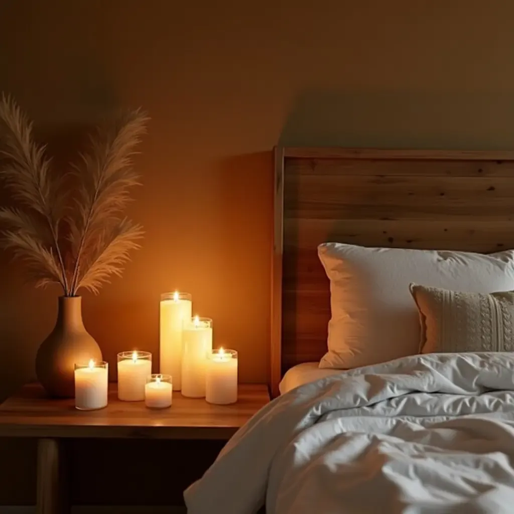 a photo of a warm bedroom with wooden accents and candles