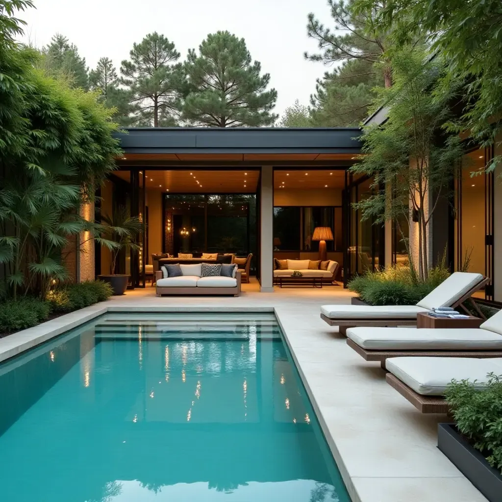 a photo of a modern poolside lounge featuring comfortable seating and greenery