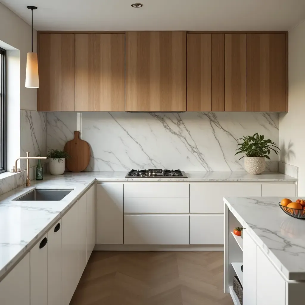 a photo of a stylish kitchen featuring marble backsplash and wooden cabinets