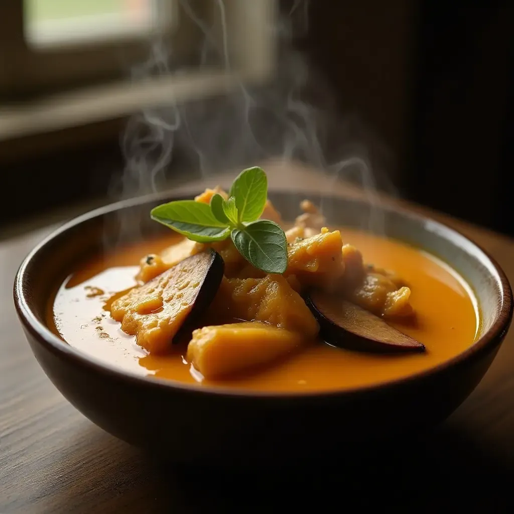 a photo of a steaming bowl of Gaeng Tai Pla, rich fish curry with eggplant and Thai spices.