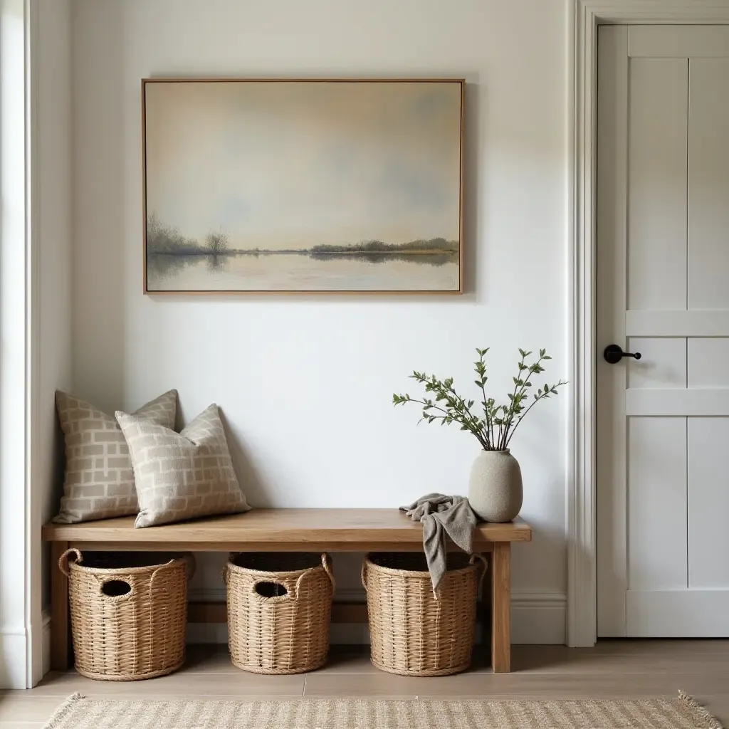 a photo of a rustic entryway with a wooden bench and wicker baskets