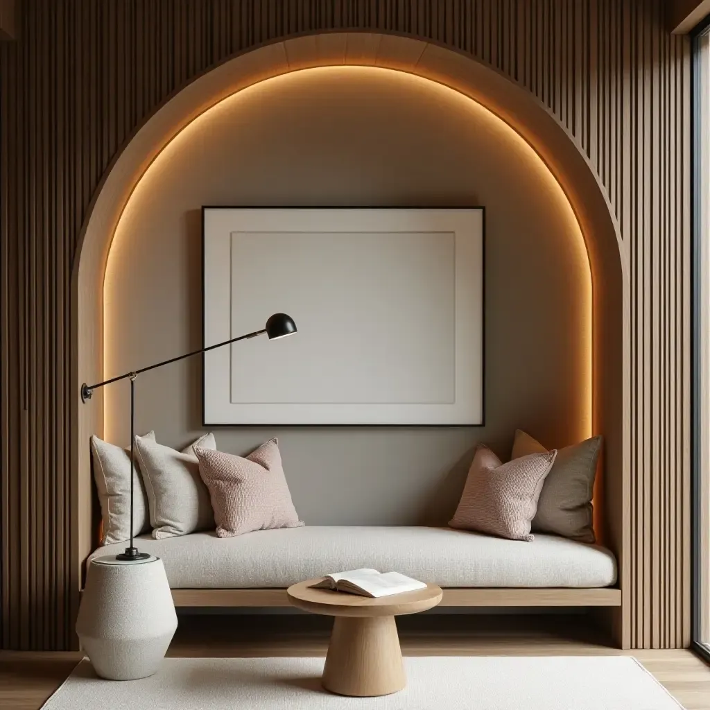 a photo of a reading nook with a modern design and cozy textures