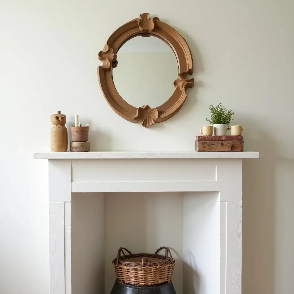 a photo of a whimsical mantel featuring a quirky mirror and playful decor