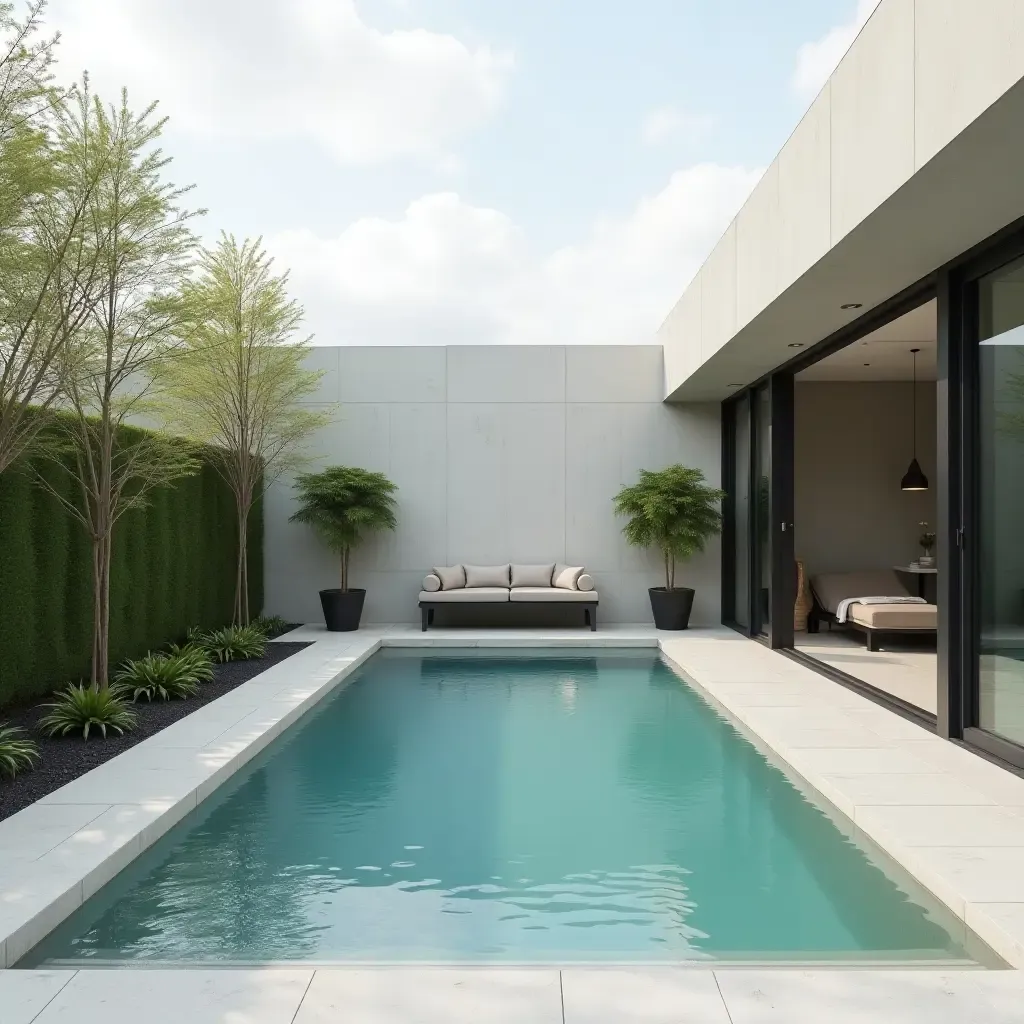 a photo of a minimalist small pool area with clever storage solutions